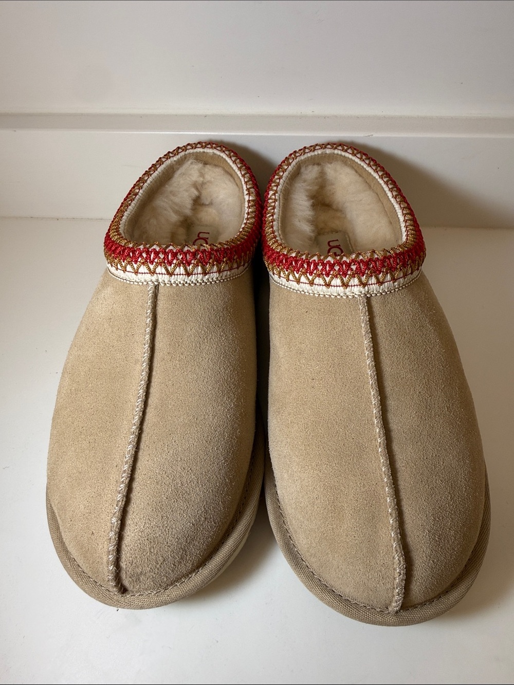 UGG Women's Sand Tasman II Suede Slippers with Red Trim - Size 8